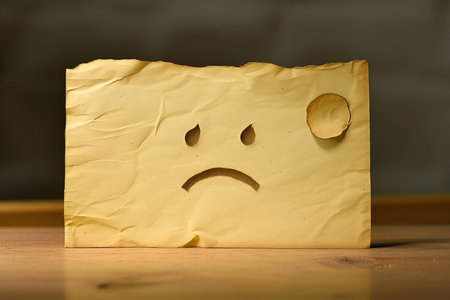 Sad face on post it on wooden table. Sadness concept.の素材