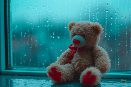Teddy bear sitting on the windowsill with raindrops on the glassの素材