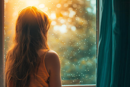 Beautiful young woman looking out the window in the morning. Sunsetの素材