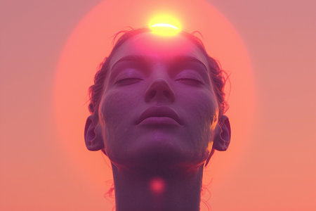 Portrait of a young woman with closed eyes against the background of the sunの素材