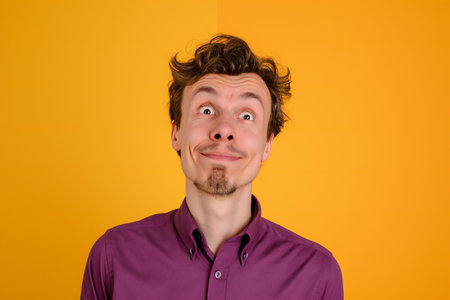 Surprised young man looking at camera over yellow background with copy spaceの素材