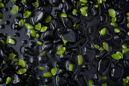 Black pebbles with green leaves and water drops. Top viewの素材