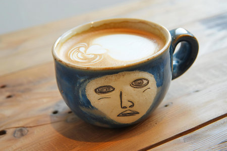 Coffee cup with latte art on wooden table, stock photoの素材