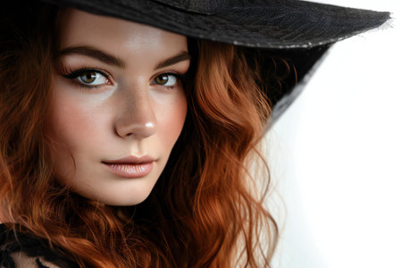 Portrait of a beautiful young woman with red hair in a black hatの素材