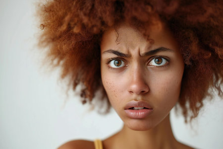 Close up portrait of a young woman with afro hairstyle looking at cameraの素材