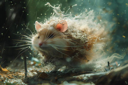Close-up of a domestic rat in the smoke. A mouse in the smoke.の素材