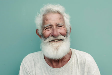 Portrait of a senior man with white beard and white t-shirtの素材