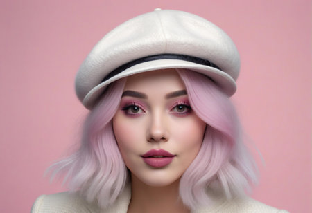 Fashion portrait of young beautiful girl with pink hair and white beretの素材
