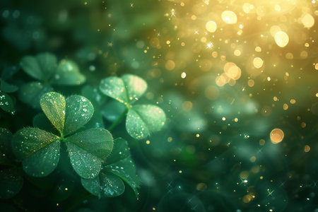 St. Patrick's Day background with clover leaves and bokeh lightsの素材