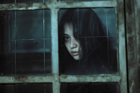 Portrait of a young woman looking through the window. Focus on face.の素材