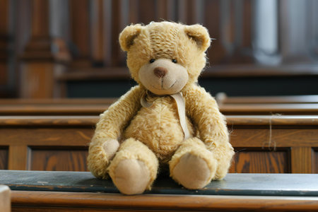 Teddy bear sitting on the bench in the church, selective focusの素材