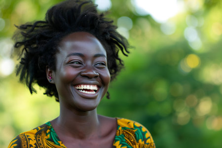 Close up portrait of a beautiful young african woman smiling at the cameraの素材