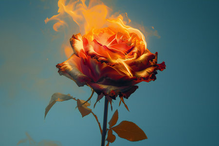 Red rose with fire flames on blue sky background. Love concept.の素材