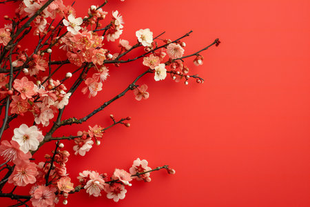 Plum blossom branch on red background with copy space for textの素材