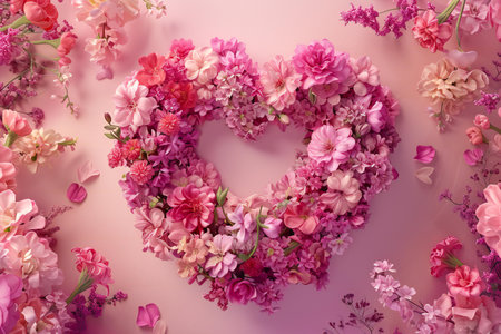 Heart made of beautiful flowers on color background, top view. Valentine's day celebrationの素材