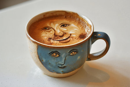 Coffee cup with a picture of the face of a womanの素材