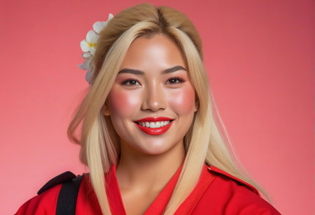 portrait of beautiful young asian woman with red jacket and flower in hairの素材