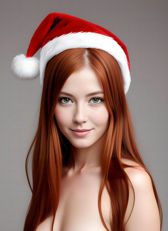 Portrait of beautiful young woman with red hair in Santa Claus hatの素材