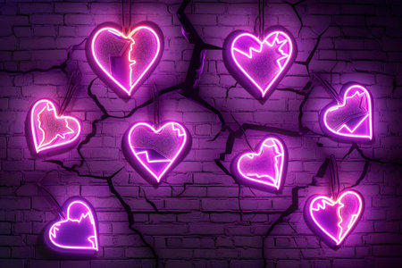 Neon hearts on a brick wall. Valentines day background.の素材