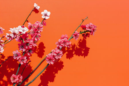 Flowering branch with pink flowers on a bright orange background. Copy space.の素材