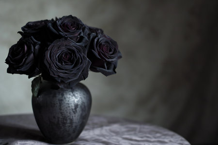 Black roses in a vase on a dark background with copy spaceの素材