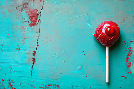 Red lollipop on a turquoise background, top viewの素材