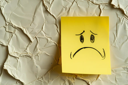 Yellow sticky note with sad face on crumpled paper background.の素材