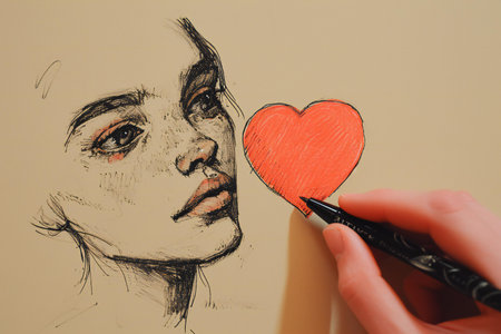 drawing a portrait of a beautiful woman with a red heart.の素材