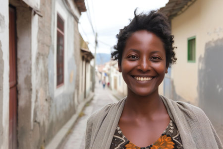 Portrait of a beautiful young african woman smiling at the camera in the streetの素材