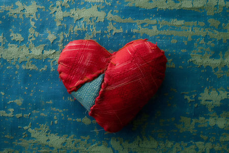Red heart on blue wooden background. Valentines day concept. Copy space.の素材