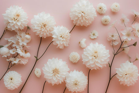 White dahlia flowers on pastel pink background. Flat lay, top view minimal floral composition.の素材