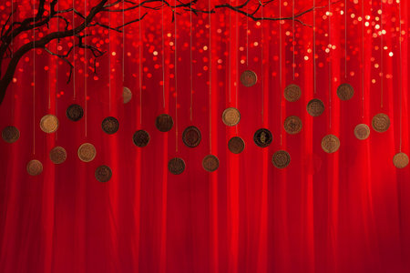 Chinese new year background with red curtain, gold coins and tree.の素材