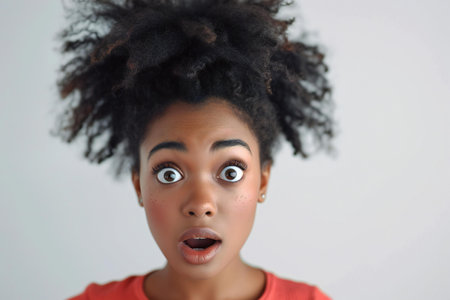 Close up portrait of a shocked young african american woman looking at cameraの素材