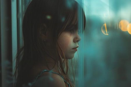 portrait of a little girl looking through a window in the rainの素材