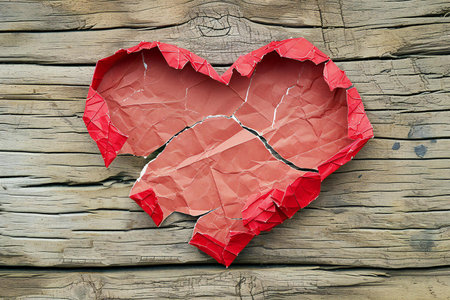 Broken paper heart on wooden background, Valentines day concept.の素材