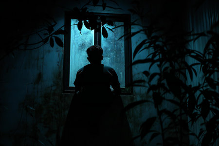 Silhouette of a bride standing in front of the window at nightの素材