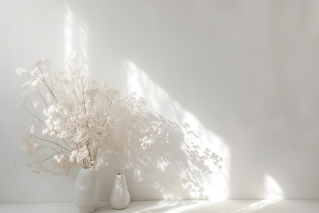 white vase with dried flowers on white wall background, interior designの素材