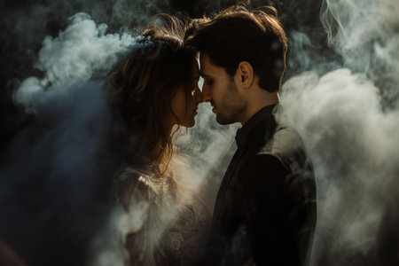 beautiful young couple in smoke embracing each other and looking at each otherの素材