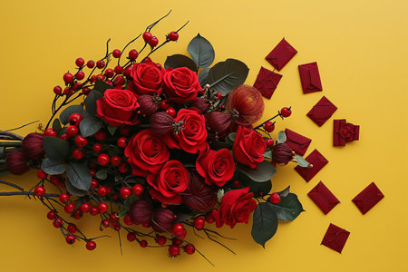 Bouquet of red roses and berries on a yellow background.の素材