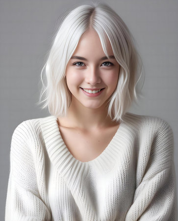 Portrait of a beautiful blonde woman in a white sweater on a gray backgroundの素材