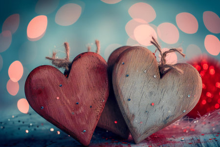 Two wooden hearts on a bokeh background. Valentine's Dayの素材