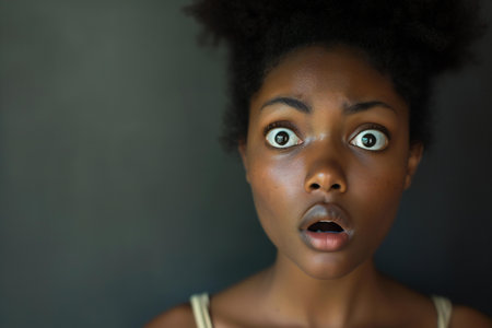 young beautiful afro american woman scared and shocked looking at camera in fear and panic face expression on black backgroundの素材