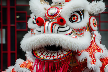 Traditional Chinese lion dance mask at the chinese lunar new year paradeの素材