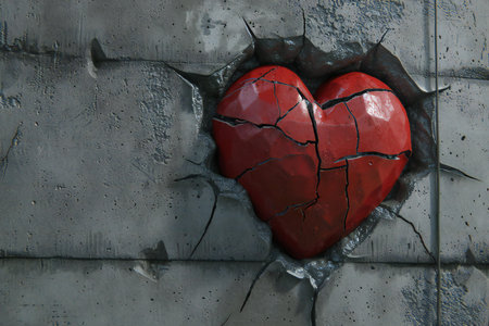 Broken red heart on the wall. Broken heart on the wallの素材