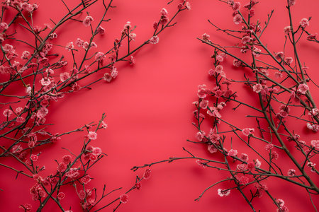 Flowers composition. Cherry blossom branches on red background. Flat lay, top view, copy spaceの素材