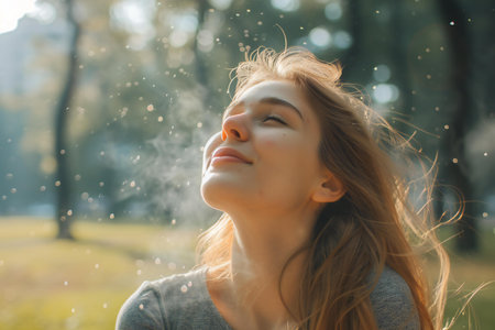 Portrait of young woman with smoke in the park. Blurred background.の素材