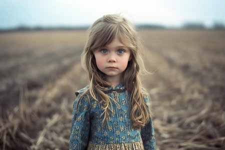 Portrait of a beautiful little girl in a wheat field in autumnの素材