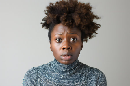 Portrait of young african american woman looking at camera with puzzled expressionの素材