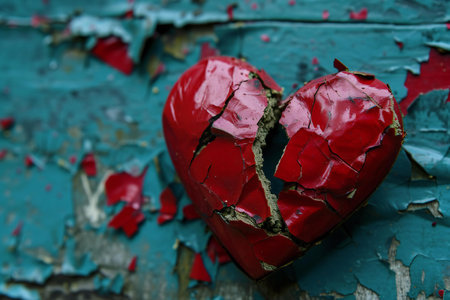 Broken heart on a blue wooden background. The concept of love and romance.の素材