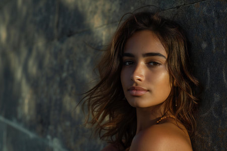 Close up portrait of a beautiful young woman with long brown hair and makeup.の素材